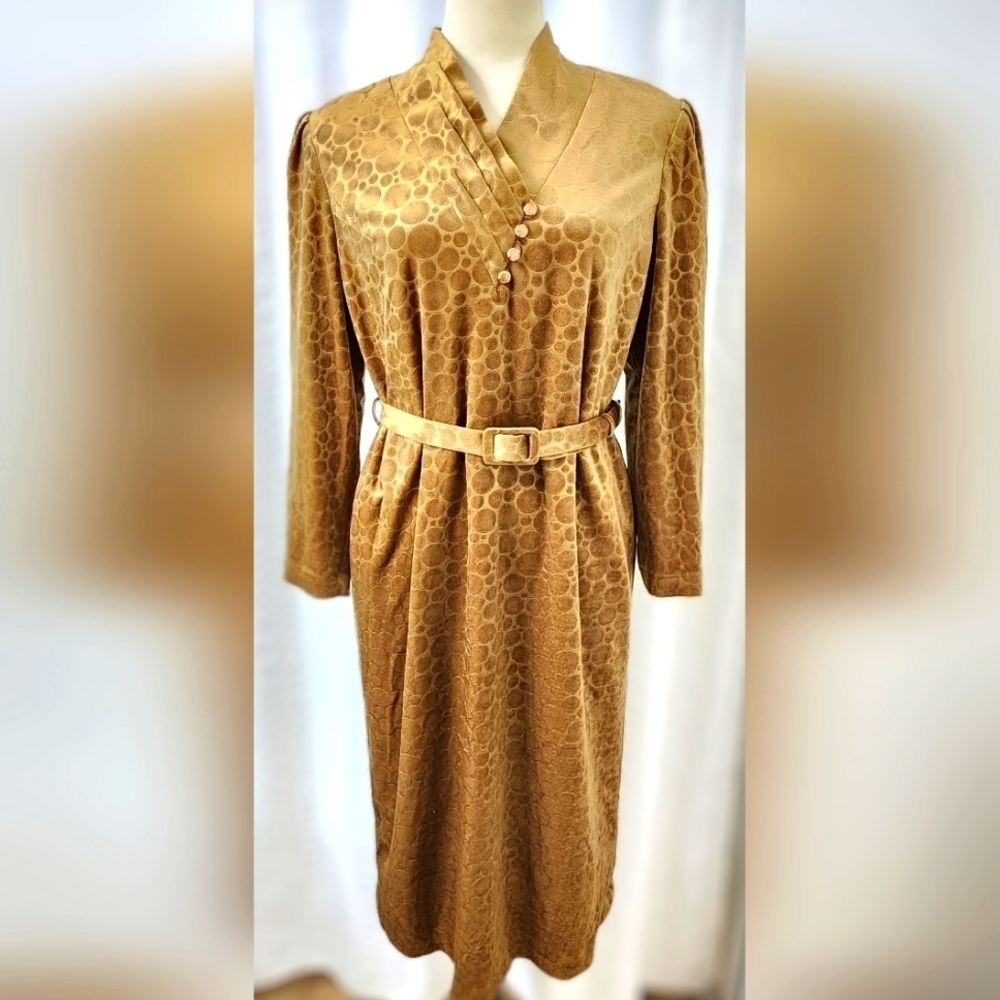 1950s Golden Belted Long-Sleeve Dress